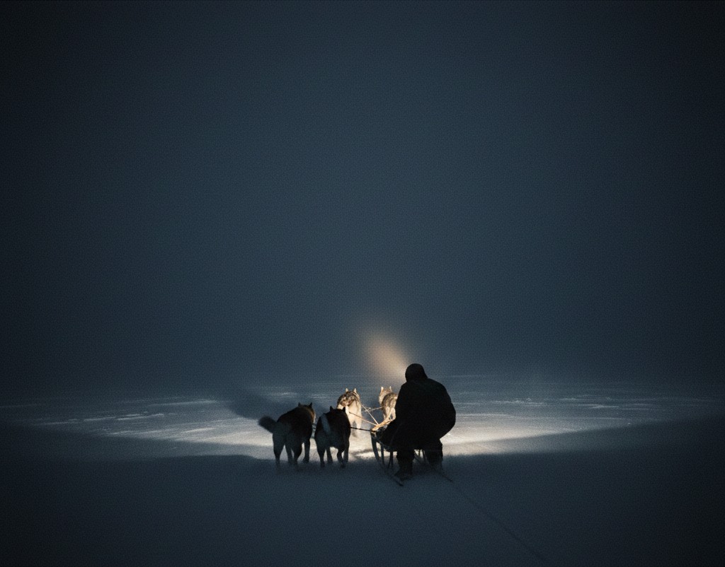 A dog team disappearing into polar darkness, headlamp cutting a cone of light