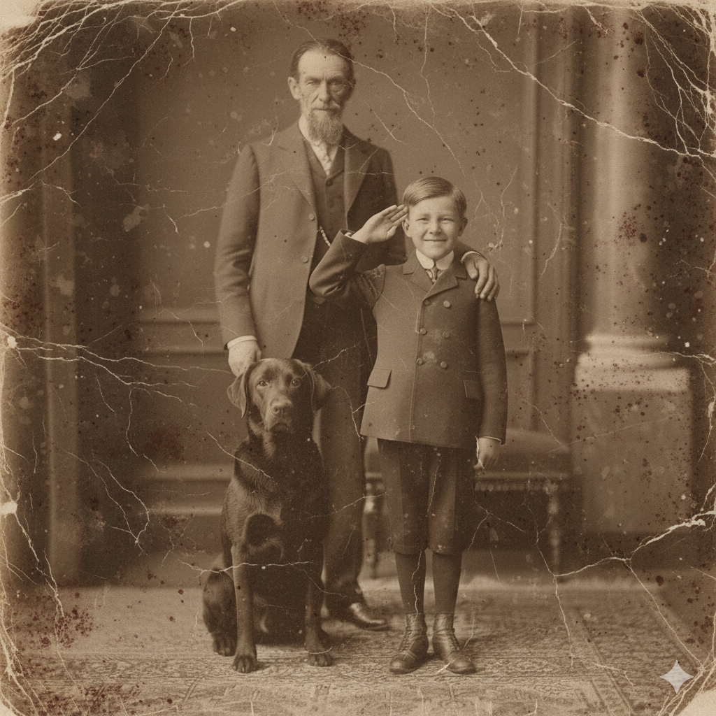 An old photograph: man, boy, and black dog