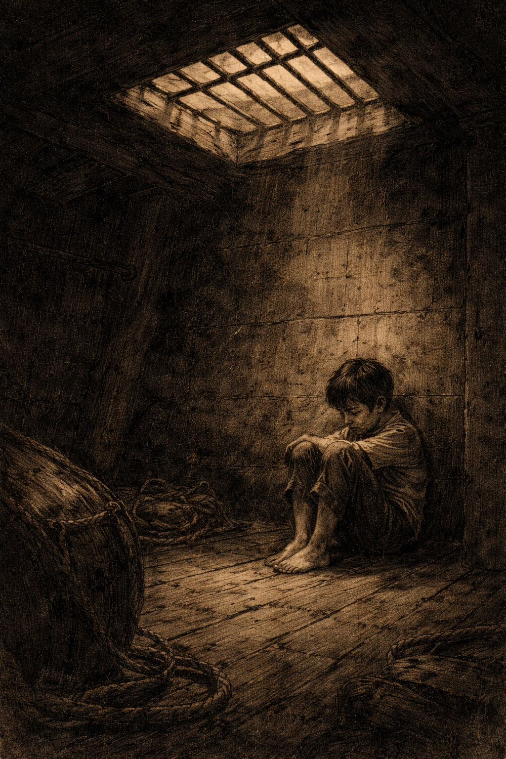 A barred window, a figure in shadow