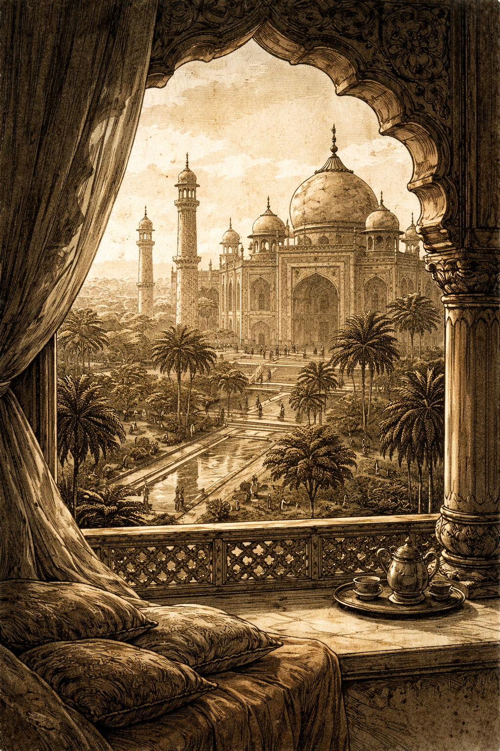 View from a palace window over Mughal gardens