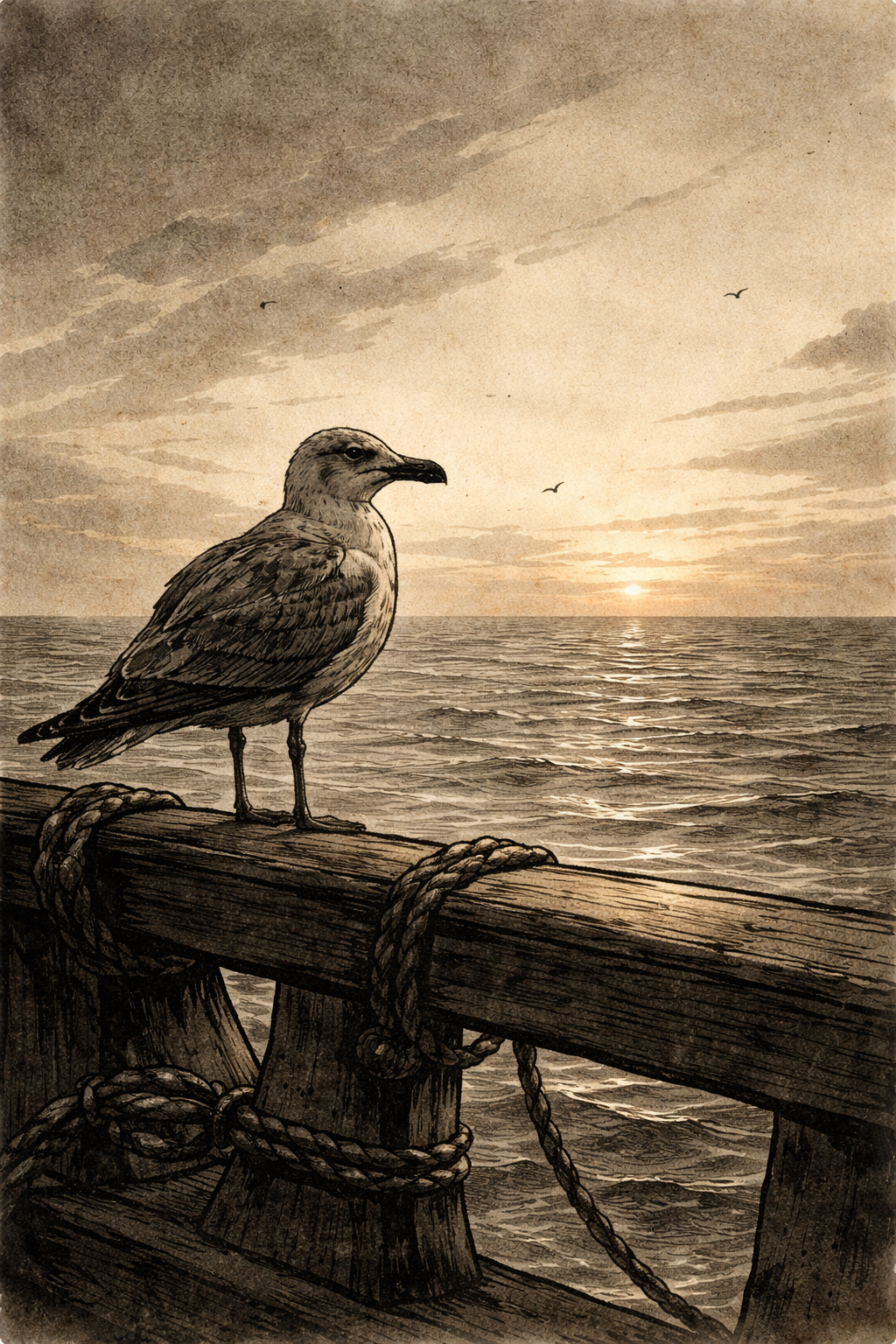 A seagull on a ship's rail at sunset