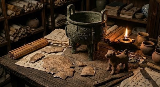 Oracle bones, bronze vessel, and small dog figurine by lamplight
