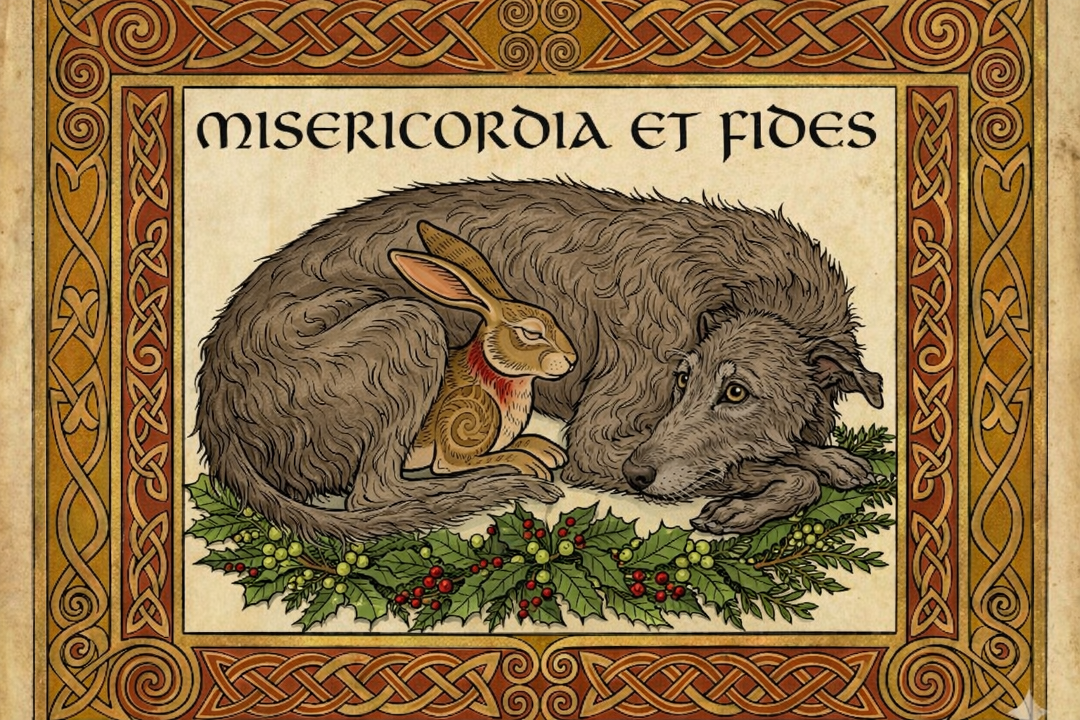 Illuminated manuscript showing the old hound curled around the wounded rabbit by dying embers - Misericordia et Fides