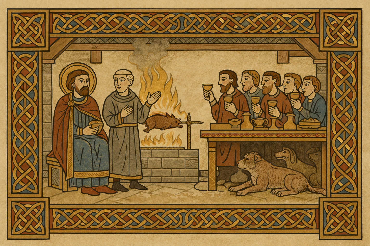Illuminated manuscript depicting the great hall at midwinter feast, with thegn, Bede, and young monk