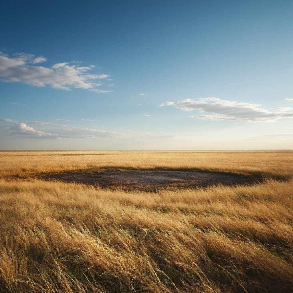 A scorched circle in the prairie grass under clear sky